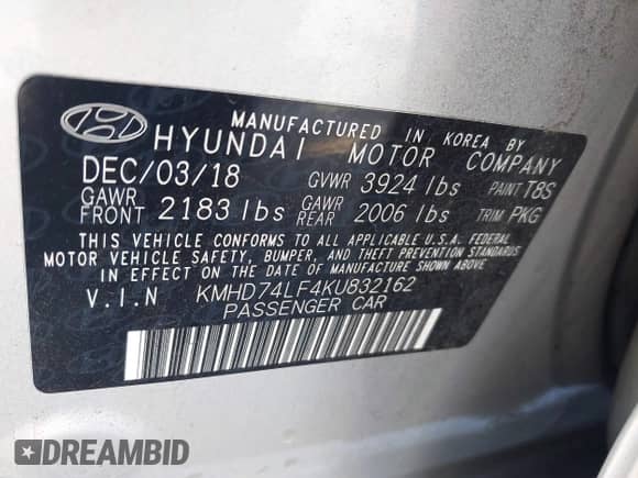 2019 Hyundai Elantra SE с VIN KMHD74LF4KU832162, выставлен на аукционе IAAI как лот 43496964 с пробегом 134 048 миль миль и . История ставок и продаж доступна на DreamBid. Изображение 9.