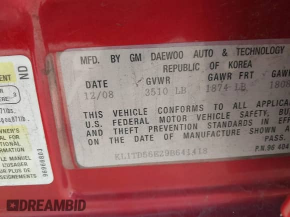 2009 Chevrolet Aveo 1LT z VIN KL1TD56E29B641418, wystawiony jako IAAI lot #43288096 z przebiegiem 114 055 mil mil oraz . Historia ofert i sprzedaży dostępna na DreamBid. Obrazek 9.