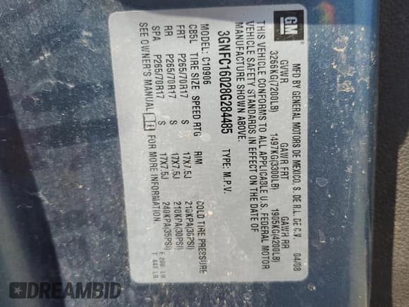 ✅ 2008 Chevrolet Suburban 2LT • VIN: 3GNFC16028G284485 • Lot: 59288895. Listed on Copart with 268,728 mi. Free auction sales archive from the USA and detailed vehicle history report at DreamBid. Image 13.