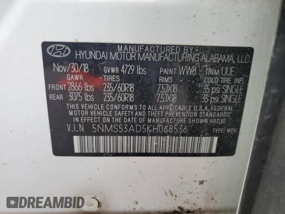 2019 Hyundai Santa Fe Ultimate z VIN 5NMS53AD5KH068536, wystawiony jako Copart lot #63190595 z przebiegiem 59 723 mil mil oraz Szkoda całkowita • Salvage title. Historia ofert i sprzedaży dostępna na DreamBid. Obrazek 13.