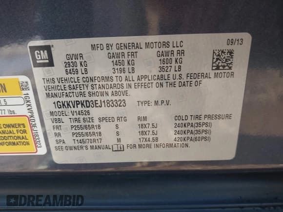 ✅ 2014 GMC Acadia SLE • VIN: 1GKKVPKD3EJ183323 • Lot: 43816637. Listed on IAAI with 130,120 mi. Free auction sales archive from the USA and detailed vehicle history report at DreamBid. Image 9.