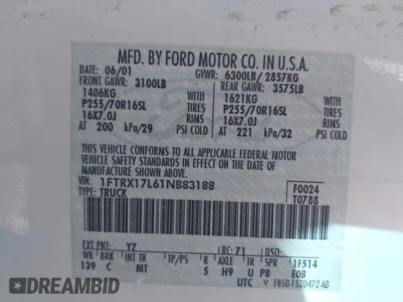 ✅ 2001 Ford F-150 XL • VIN: 1FTRX17L61NB83188 • Lot: 43714504. Listed on IAAI with 268,875 mi. Free auction sales archive from the USA and detailed vehicle history report at DreamBid. Image 9.