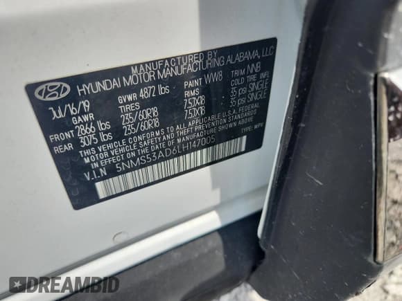 ✅ 2020 Hyundai Santa Fe Limited • VIN: 5NMS53AD6LH147005 • Lot: 63312915. Listed on Copart with 75,255 mi. Free auction sales archive from the USA and detailed vehicle history report at DreamBid. Image 12.