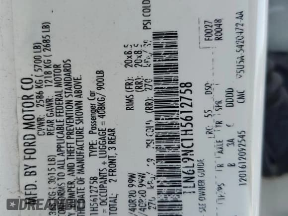 ✅ 2017 Lincoln Continental Reserve • VIN: 1LN6L9NC1H5612758 • Lot: 83817245. Listed on Copart with 148,953 mi. Free auction sales archive from the USA and detailed vehicle history report at DreamBid. Image 12.