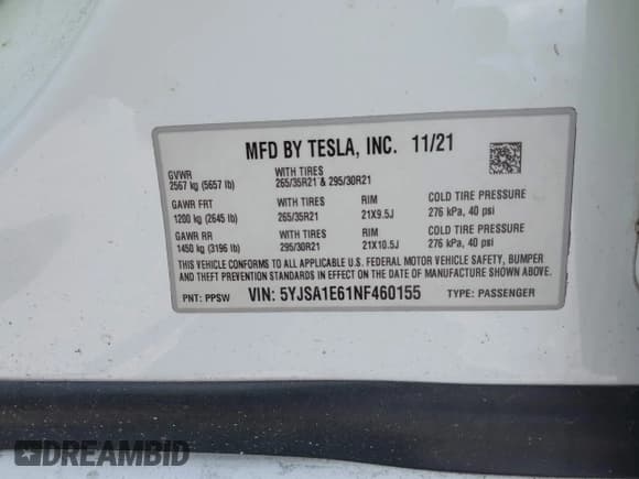 ✅ 2022 Tesla Model S Plaid • VIN: 5YJSA1E61NF460155 • Lot: 42545167. Listed on IAAI with 51,711 mi. Free auction sales archive from the USA and detailed vehicle history report at DreamBid. Image 9.