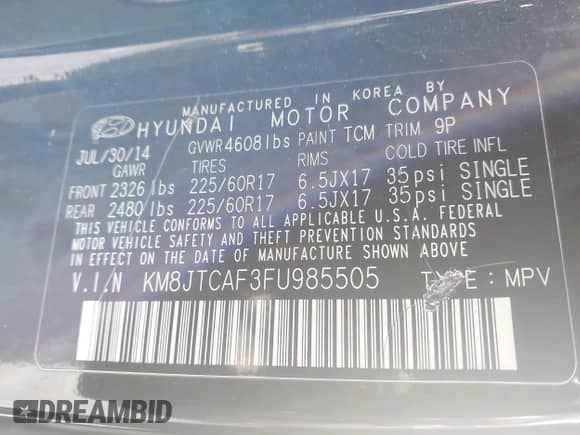 2015 Hyundai Tucson GLS with VIN KM8JTCAF3FU985505, listed as a IAAI auction lot 43494639 with 175,588 mi miles and . Bid and sale history available at DreamBid. Image 9.