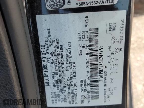 ✅ 2006 Ford Fusion SE • VIN: 3FAFP071X6R247755 • Lot: 66476245. Listed on Copart with 162,672 mi. Free auction sales archive from the USA and detailed vehicle history report at DreamBid. Image 12.