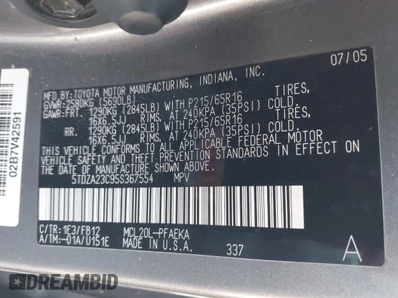 ✅ 2005 Toyota Sienna LE • VIN: 5TDZA23C95S367554 • Lot: 43437777. Listed on IAAI with 219,994 mi. Free auction sales archive from the USA and detailed vehicle history report at DreamBid. Image 9.