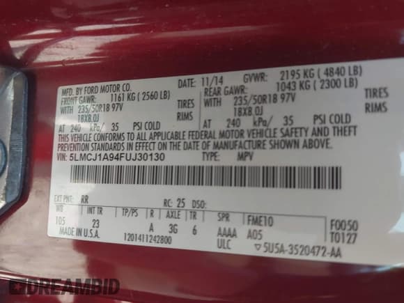 ✅ 2015 Lincoln MKC • VIN: 5LMCJ1A94FUJ30130 • Лот: 42651259. Опубликован ранее на IAAI с пробегом 150 636 миль. Бесплатный доступ к архиву аукционных продаж из США и подробный отчёт об истории автомобиля на DreamBid. Изображение 9.