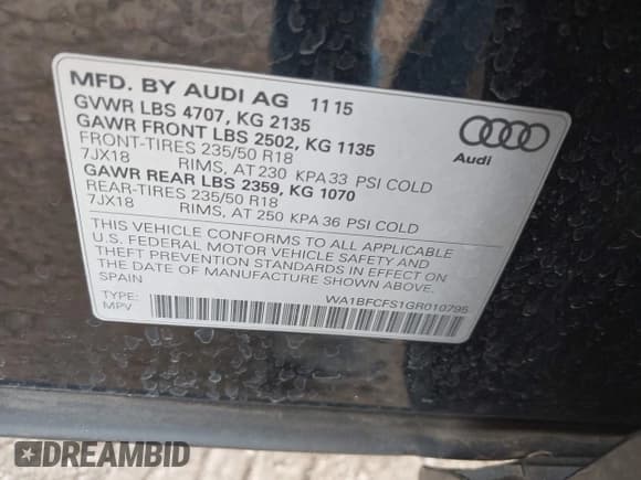 ✅ 2016 Audi Q3 Premium Plus • VIN: WA1BFCFS1GR010795 • Лот: 43357405. Опубликован ранее на IAAI с пробегом 77 928 миль. Бесплатный доступ к архиву аукционных продаж из США и подробный отчёт об истории автомобиля на DreamBid. Изображение 9.