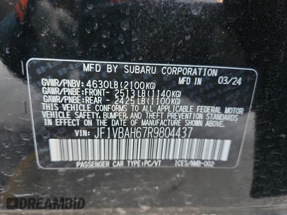 ✅ 2024 Subaru WRX Premium • VIN: JF1VBAH67R9804437 • Lot: 90384025. Listed on Copart with 13,894 mi. Free auction sales archive from the USA and detailed vehicle history report at DreamBid. Image 12.