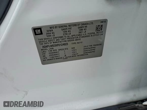 ✅ 2015 GMC Terrain SLE • VIN: 2GKFLWE3XF6124823 • Lot: 94392705. Listed on Copart with 146,879 mi. Free auction sales archive from the USA and detailed vehicle history report at DreamBid. Image 13.