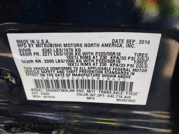2015 Mitsubishi Outlander ES with VIN 4A4AP3AU6FE010443, listed as a IAAI auction lot 43188413 with 148,484 mi miles and . Bid and sale history available at DreamBid. Image 9.