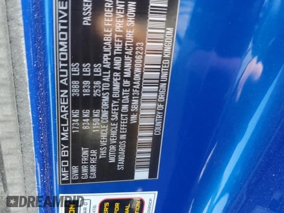 ✅ 2019 McLaren 570S • VIN: SBM13FAA0KW006233 • Lot: 52689555. Wystawiony na Copart z przebiegiem Nie podano. Bezpłatny archiwum sprzedaży aukcyjnych z USA i szczegółowy raport historii pojazdu na DreamBid. Zdjęcie 13.