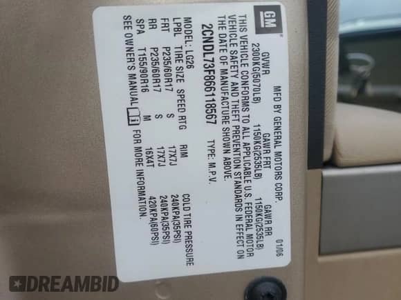 2006 Chevrolet Equinox LT with VIN 2CNDL73F866118567, listed as a Copart auction lot 81109574 with 104,772 mi miles and Clean title. Bid and sale history available at DreamBid. Image 13.