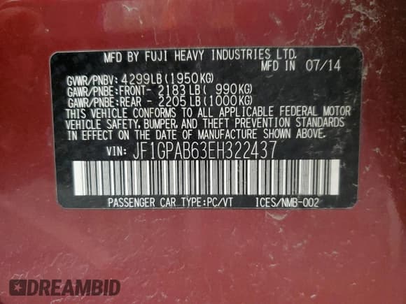 ✅ 2014 Subaru Impreza Premium • VIN: JF1GPAB63EH322437 • Lot: 63382005. Listed on Copart with 166,695 mi. Free auction sales archive from the USA and detailed vehicle history report at DreamBid. Image 13.