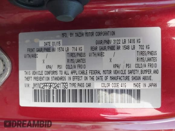 ✅ 2015 Mazda MX-5 Miata Grand Touring • VIN: JM1NC2PF9F0241793 • Lot: 43373257. Listed on IAAI with 127,984 mi. Free auction sales archive from the USA and detailed vehicle history report at DreamBid. Image 9.