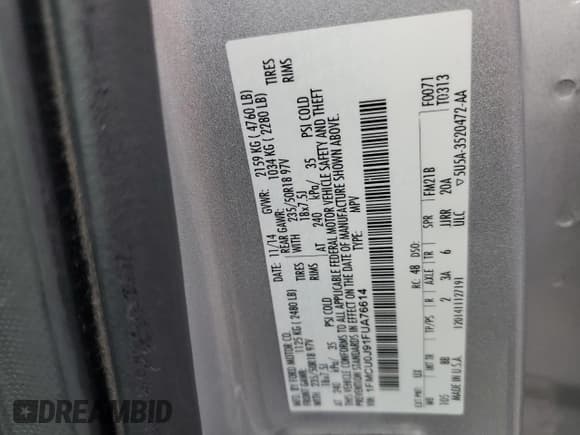 ✅ 2015 Ford Escape Titanium • VIN: 1FMCU0J91FUA76614 • Lot: 91867505. Listed on Copart with 137,803 mi. Free auction sales archive from the USA and detailed vehicle history report at DreamBid. Image 13.