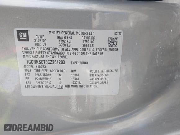 ✅ 2012 Chevrolet Silverado 1500 LT • VIN: 1GCRKSE78CZ261203 • Lot: 43238256. Listed on IAAI with 175,953 mi. Free auction sales archive from the USA and detailed vehicle history report at DreamBid. Image 9.