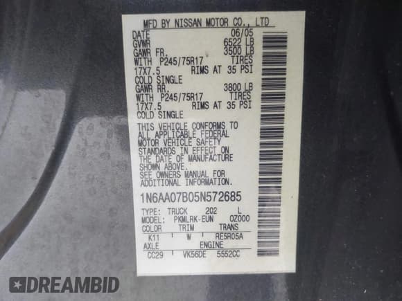 ✅ 2005 Nissan Titan LE • VIN: 1N6AA07B05N572685 • Лот: 42692229. Опубликован ранее на IAAI с пробегом 200 583 миль. Бесплатный доступ к архиву аукционных продаж из США и подробный отчёт об истории автомобиля на DreamBid. Изображение 9.