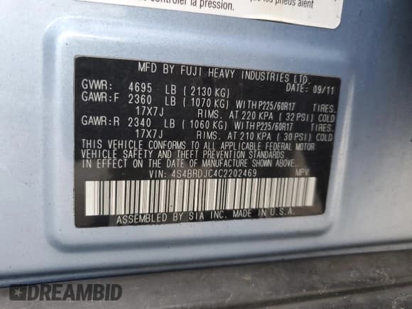 ✅ 2012 Subaru Outback Limited • VIN: 4S4BRDJC4C2202469 • Lot: 91130065. Listed on Copart with 184,959 mi. Free auction sales archive from the USA and detailed vehicle history report at DreamBid. Image 13.