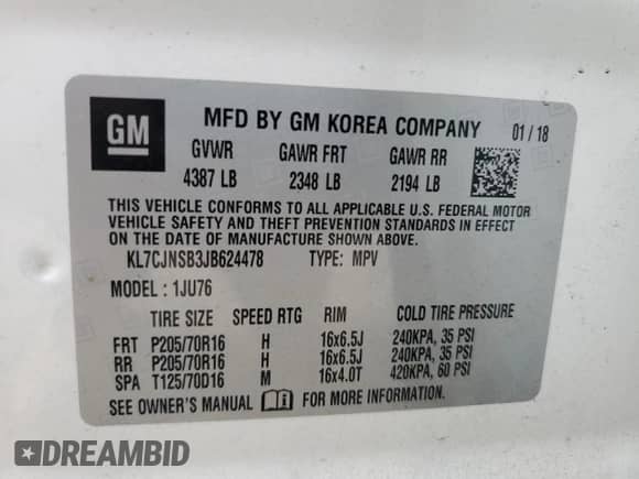 2018 Chevrolet Trax LS с VIN KL7CJNSB3JB624478, выставлен на аукционе Copart как лот 81385425 с пробегом 34 541 миль миль и Списание • Salvage title. История ставок и продаж доступна на DreamBid. Изображение 13.