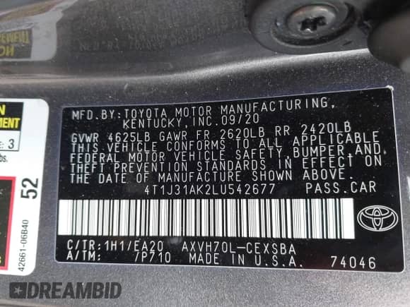 2020 Toyota Camry Hybrid SE z VIN 4T1J31AK2LU542677, wystawiony jako IAAI lot #42449548 z przebiegiem Nie podano mil oraz . Historia ofert i sprzedaży dostępna na DreamBid. Obrazek 9.