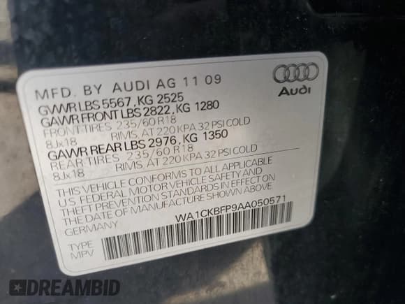 ✅ 2010 Audi Q5 • VIN: WA1CKBFP9AA050571 • Lot: 71493255. Listed on Copart with 134,570 mi. Free auction sales archive from the USA and detailed vehicle history report at DreamBid. Image 13.