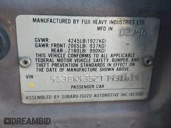 ✅ 1996 Subaru Legacy L • VIN: 4S3BK4352T7931614 • Lot: 43393950. Listed on IAAI with 223,906 mi. Free auction sales archive from the USA and detailed vehicle history report at DreamBid. Image 9.