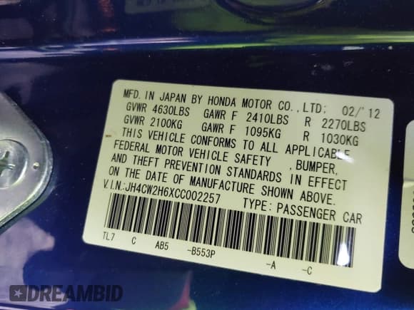 ✅ 2012 Acura TSX Technology • VIN: JH4CW2H6XCC002257 • Lot: 42159892. Listed on IAAI with 75,669 mi. Free auction sales archive from the USA and detailed vehicle history report at DreamBid. Image 9.