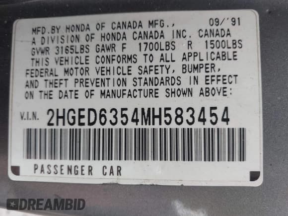 ✅ 1991 Honda Civic DX • VIN: 2HGED6354MH583454 • Lot: 42533828. Listed on IAAI with 194,475 mi. Free auction sales archive from the USA and detailed vehicle history report at DreamBid. Image 9.