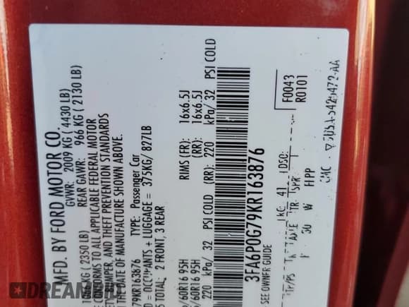 ✅ 2019 Ford Fusion S • VIN: 3FA6P0G79KR163876 • Lot: 82457385. Wystawiony na Copart z przebiegiem 82 139 mil. Bezpłatny archiwum sprzedaży aukcyjnych z USA i szczegółowy raport historii pojazdu na DreamBid. Zdjęcie 12.