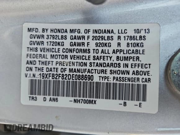 ✅ 2013 Honda Civic EX • VIN: 19XFB2F82DE088690 • Lot: 95014085. Listed on Copart with 138,256 mi. Free auction sales archive from the USA and detailed vehicle history report at DreamBid. Image 12.