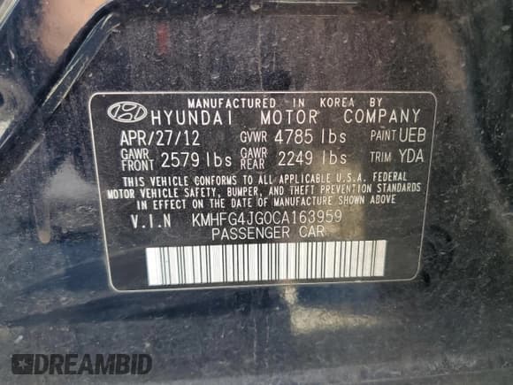 ✅ 2012 Hyundai Azera • VIN: KMHFG4JG0CA163959 • Лот: 91183115. Опубликован ранее на Copart с пробегом 116 638 миль. Бесплатный доступ к архиву аукционных продаж из США и подробный отчёт об истории автомобиля на DreamBid. Изображение 12.