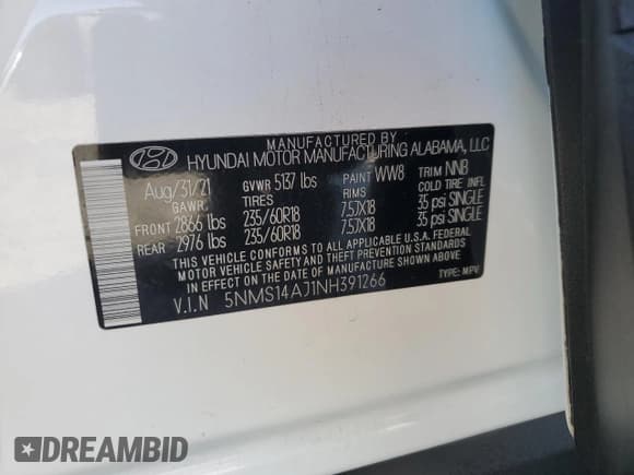 ✅ 2022 Hyundai Santa Fe SE • VIN: 5NMS14AJ1NH391266 • Lot: 55865815. Listed on Copart with 38,439 mi. Free auction sales archive from the USA and detailed vehicle history report at DreamBid. Image 13.