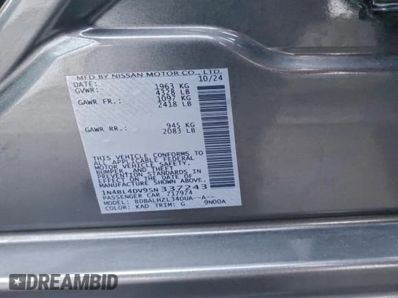 ✅ 2025 Nissan Altima SV • VIN: 1N4BL4DV9SN337243 • Lot: 94164125. Wystawiony na Copart z przebiegiem 24 660 mil. Bezpłatny archiwum sprzedaży aukcyjnych z USA i szczegółowy raport historii pojazdu na DreamBid. Zdjęcie 12.