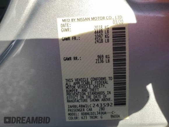 ✅ 2020 Nissan Altima S • VIN: 1N4BL4BW1LC243592 • Лот: 93188315. Опубликован ранее на Copart с пробегом 80 485 миль. Бесплатный доступ к архиву аукционных продаж из США и подробный отчёт об истории автомобиля на DreamBid. Изображение 13.