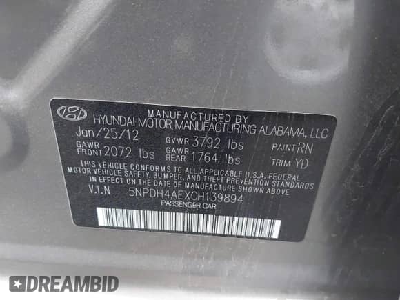 ✅ 2012 Hyundai Elantra Limited • VIN: 5NPDH4AEXCH139894 • Lot: 43551780. Wystawiony na IAAI z przebiegiem 189 824 mil. Bezpłatny archiwum sprzedaży aukcyjnych z USA i szczegółowy raport historii pojazdu na DreamBid. Zdjęcie 9.