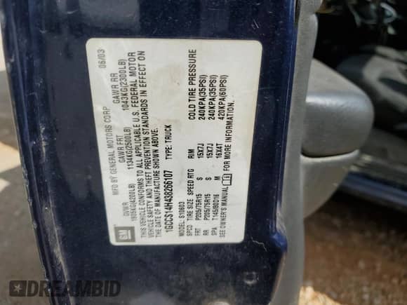 2003 Chevrolet S-10 LS with VIN 1GCCS14H438266107, listed as a Copart auction lot 71942754 with 280,415 mi miles and Clean title. Bid and sale history available at DreamBid. Image 13.