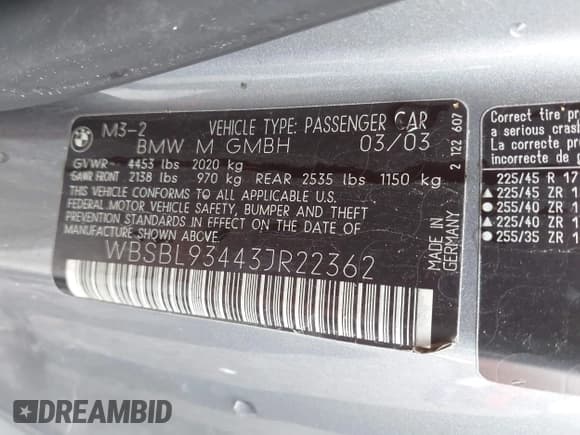 ✅ 2003 BMW 3 Series M3 • VIN: WBSBL93443JR22362 • Лот: 43708644. Опубликован ранее на IAAI с пробегом 180 206 миль. Бесплатный доступ к архиву аукционных продаж из США и подробный отчёт об истории автомобиля на DreamBid. Изображение 9.