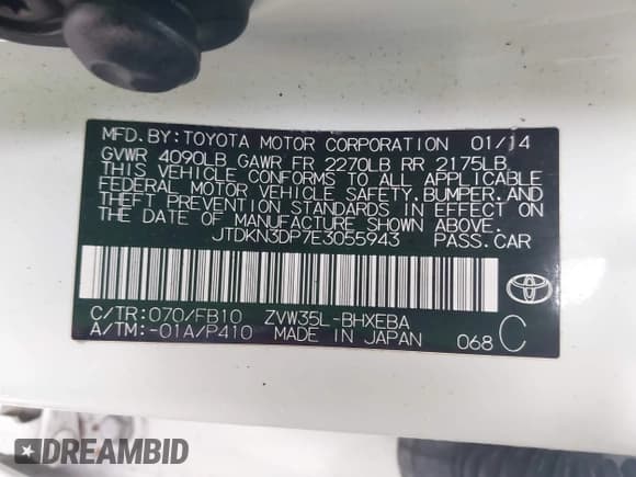 ✅ 2014 Toyota Prius • VIN: JTDKN3DP7E3055943 • Lot: 41626102. Listed on IAAI with 100,885 mi. Free auction sales archive from the USA and detailed vehicle history report at DreamBid. Image 9.