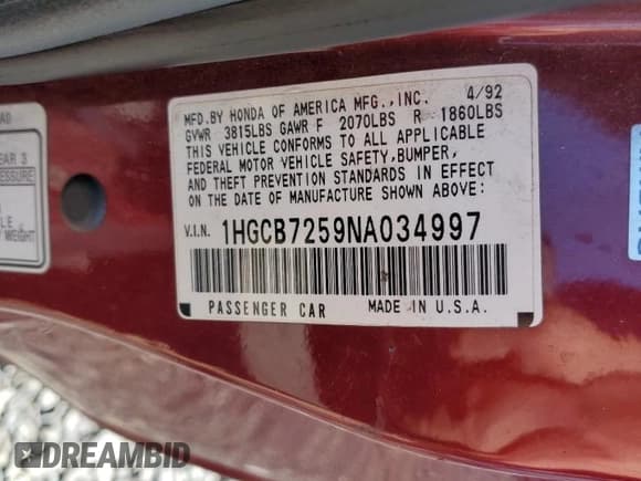 ✅ 1992 Honda Accord • VIN: 1HGCB7259NA034997 • Lot: 63596344. Wystawiony na Copart z przebiegiem 153 266 mil. Bezpłatny archiwum sprzedaży aukcyjnych z USA i szczegółowy raport historii pojazdu na DreamBid. Zdjęcie 12.