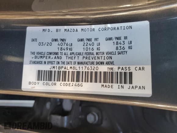 ✅ 2020 Mazda 3 • VIN: JM1BPALM8L1176320 • Lot: 44390345. Listed on Copart with 100,070 mi. Free auction sales archive from the USA and detailed vehicle history report at DreamBid. Image 12.