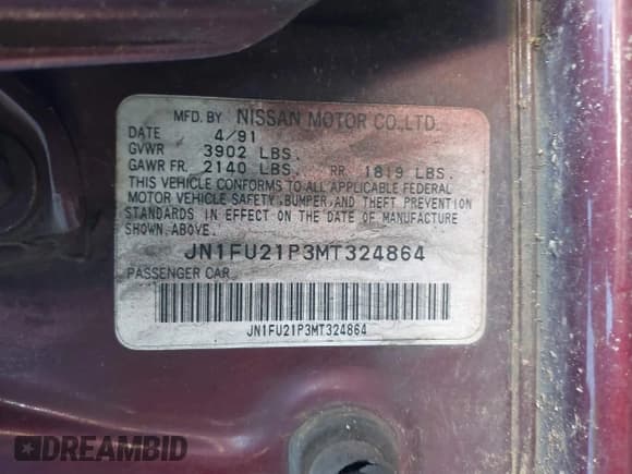 ✅ 1991 Nissan Stanza GXE • VIN: JN1FU21P3MT324864 • Лот: 41867603. Опубликован ранее на IAAI с пробегом 173 678 миль. Бесплатный доступ к архиву аукционных продаж из США и подробный отчёт об истории автомобиля на DreamBid. Изображение 9.