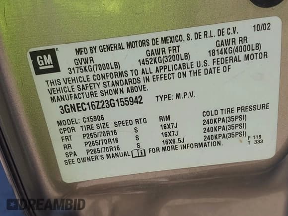 ✅ 2003 Chevrolet Suburban LT • VIN: 3GNEC16Z23G155942 • Lot: 42077249. Listed on IAAI with 218,465 mi. Free auction sales archive from the USA and detailed vehicle history report at DreamBid. Image 9.