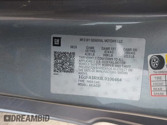 ✅ 2020 Chevrolet Camaro 1LS • VIN: 1G1FA1RX8L0106464 • Lot: 42088094. Wystawiony na IAAI z przebiegiem 53 298 mil. Bezpłatny archiwum sprzedaży aukcyjnych z USA i szczegółowy raport historii pojazdu na DreamBid. Zdjęcie 9.