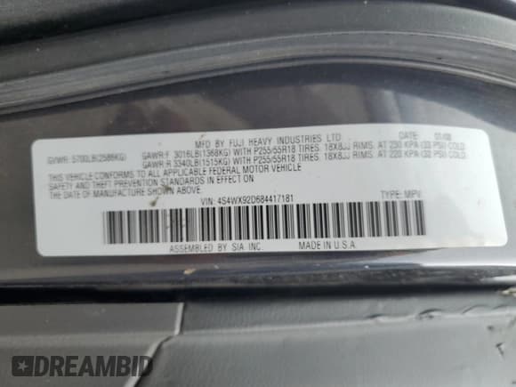 ✅ 2008 Subaru Tribeca Limited • VIN: 4S4WX92D684417181 • Lot: 63037225. Listed on Copart with 176,114 mi. Free auction sales archive from the USA and detailed vehicle history report at DreamBid. Image 13.