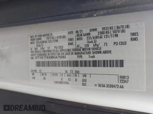 ✅ 2021 Ford Transit Cargo • VIN: 1FTYE1Y8XMKA75092 • Lot: 42935679. Wystawiony na IAAI z przebiegiem 97 414 mil. Bezpłatny archiwum sprzedaży aukcyjnych z USA i szczegółowy raport historii pojazdu na DreamBid. Zdjęcie 9.