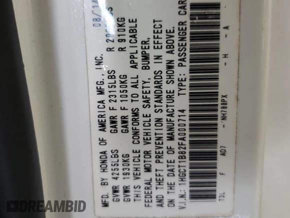 ✅ 2015 Honda Accord EX-L • VIN: 1HGCT1B82FA000714 • Lot: 90686855. Listed on Copart with Not provided. Free auction sales archive from the USA and detailed vehicle history report at DreamBid. Image 13.