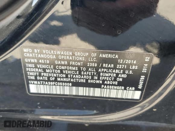 ✅ 2015 Volkswagen Passat S • VIN: 1VWAT7A39FC053006 • Лот: 80176045. Опубликован ранее на Copart с пробегом 133 798 миль. Бесплатный доступ к архиву аукционных продаж из США и подробный отчёт об истории автомобиля на DreamBid. Изображение 12.